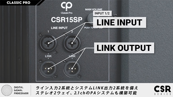 サブウーファーには、ライン入力2系統とLINK出力2系統を用意しています。