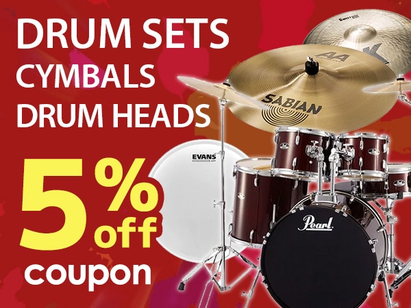 5% OFF coupon for cymbals, drum heads, and drum sets!
