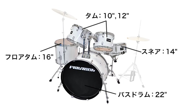バスドラム:22インチ, タム:10インチ、12インチ, フロアタム:16インチ, スネア:14インチ